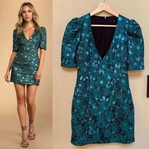 NWT LULUS Extravagant Party Shiny Teal Floral Jacquard Bodycon Dress SZ 2